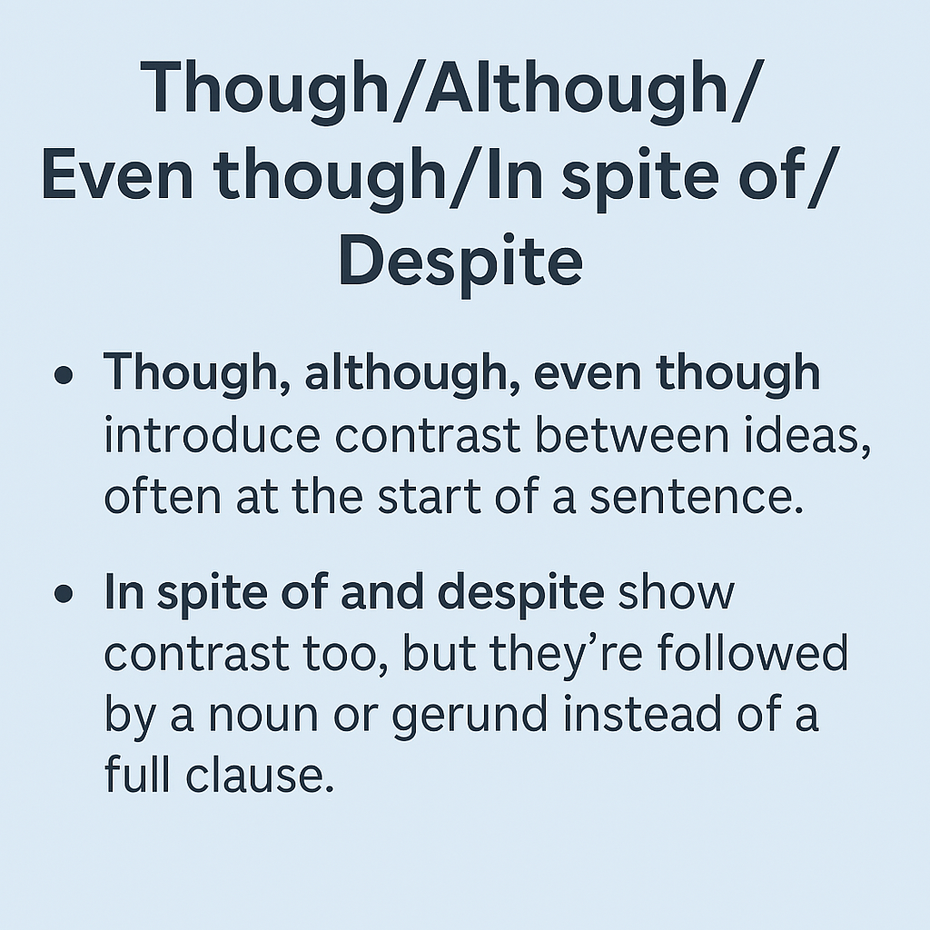 Though/Although/Even though/Inspite of/Despite/Probability/Unless/Little did/Little had